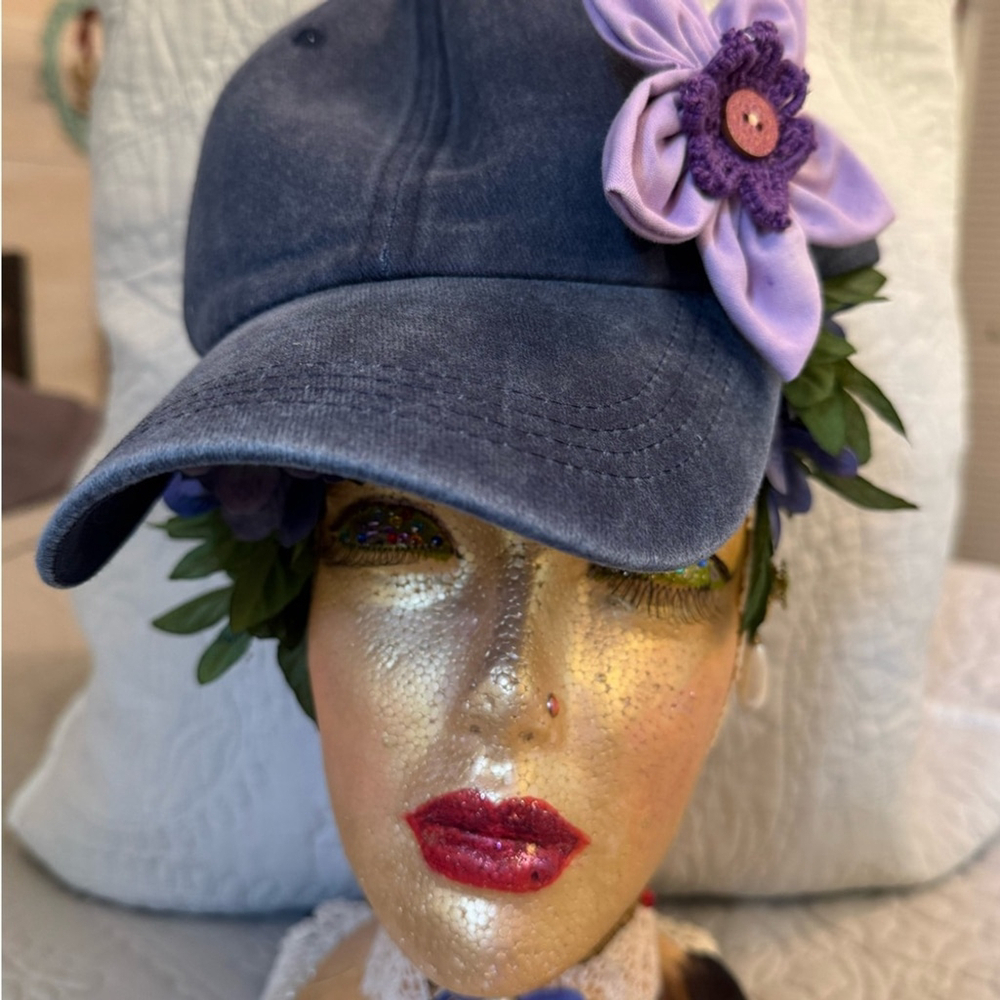 Denim Baseball Cap Navy Embellished Handmade Lavender Pin Removable